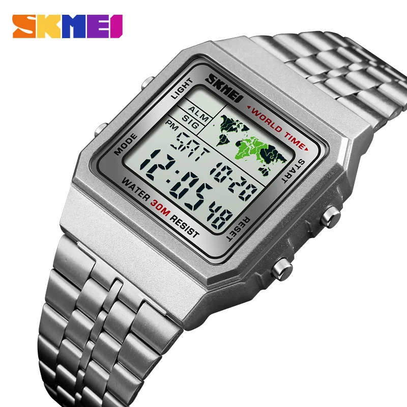 

SKMEI LED Digital Sports Watches Men Stainless Steel Top Brand Luxury Countdow Time Zone Waterproof LED Electronic Digital Watch