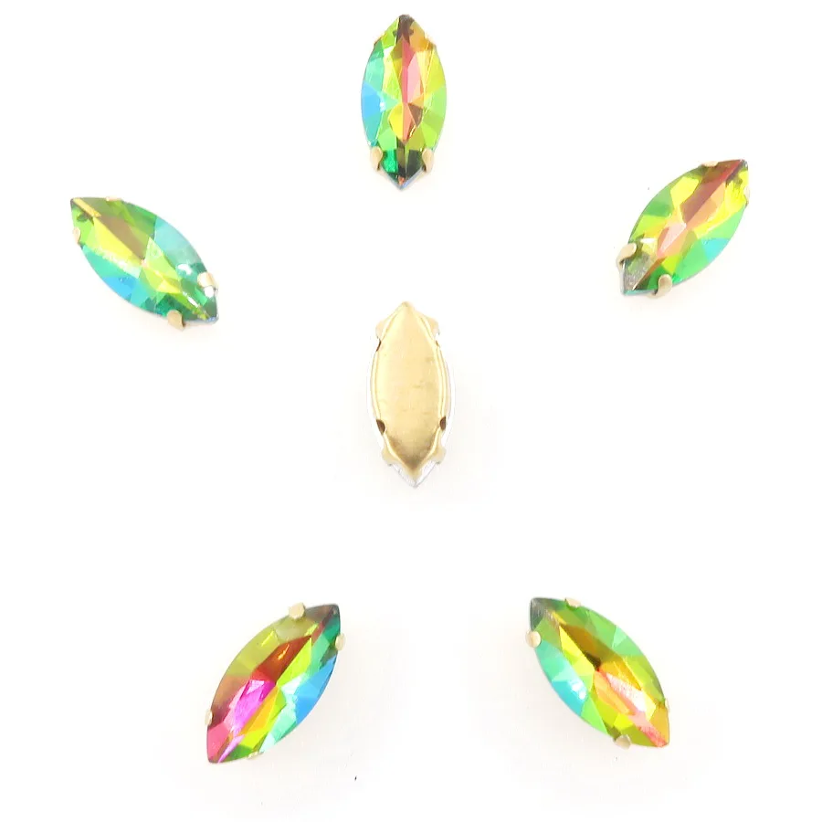 Navette-förmige Goldkrallenfassungen, 20 Stück, Regenbogenfarbene Glaskristalle, 7*15mm, zum Aufnähen, Pferdeaugen-Kristalle, für Taschen, DIY-Besatz – Detail 1