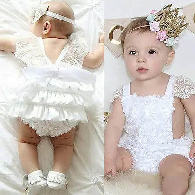 White Lace Princess Dress with Floral Lace Embroidery Romper Bodysuits Party Set Ruffles Sleeveless Tulle Tutu Dresses