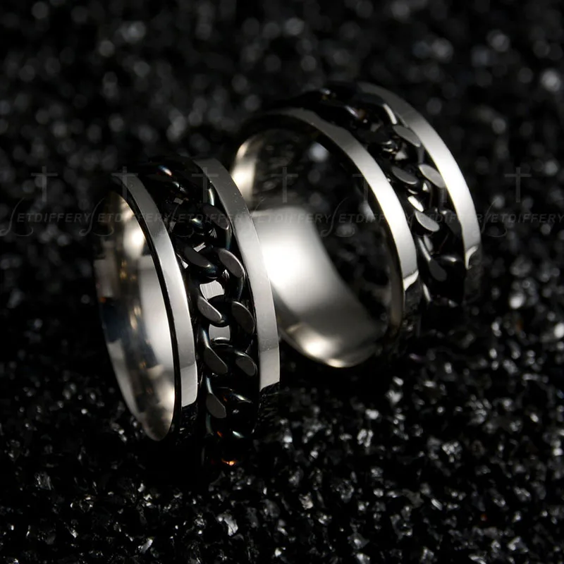 Letdiffery Fashion Spinner Black Chain Ring Stainless Steel Punk Rock Accessories Three Colors Option For Men Gift