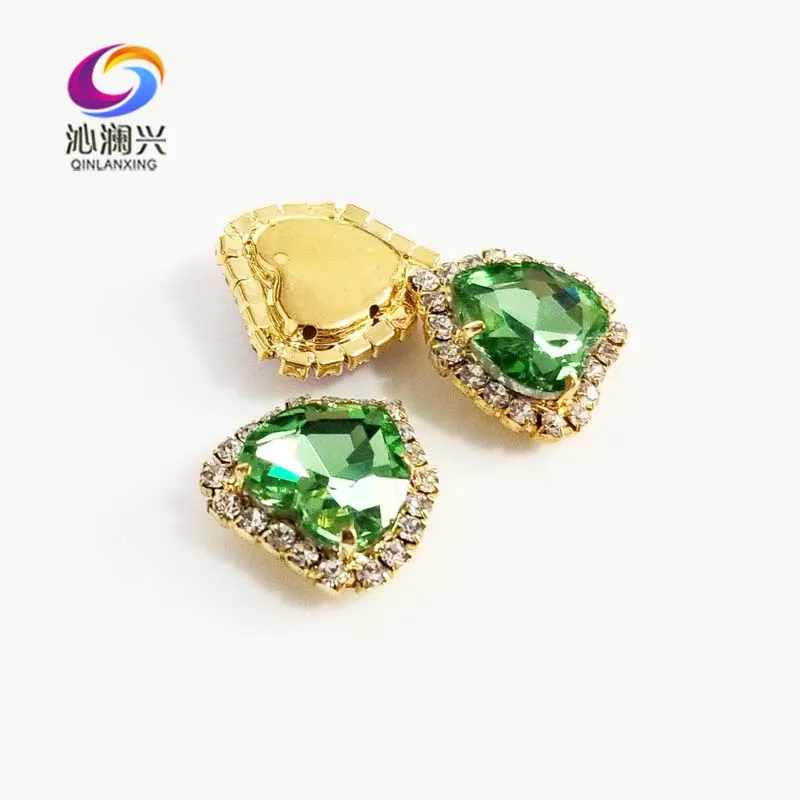 Heart Shape Light Green Color Crystal Glass Rhinestones, Gold Bottom Sew on Buckle, Used for Needlework, DIY/Sewing Accessories