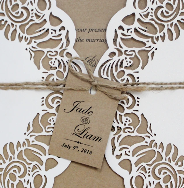 Vintage Wedding Invitation, Rustic Laser Cut Invitation Card  - Set of 50