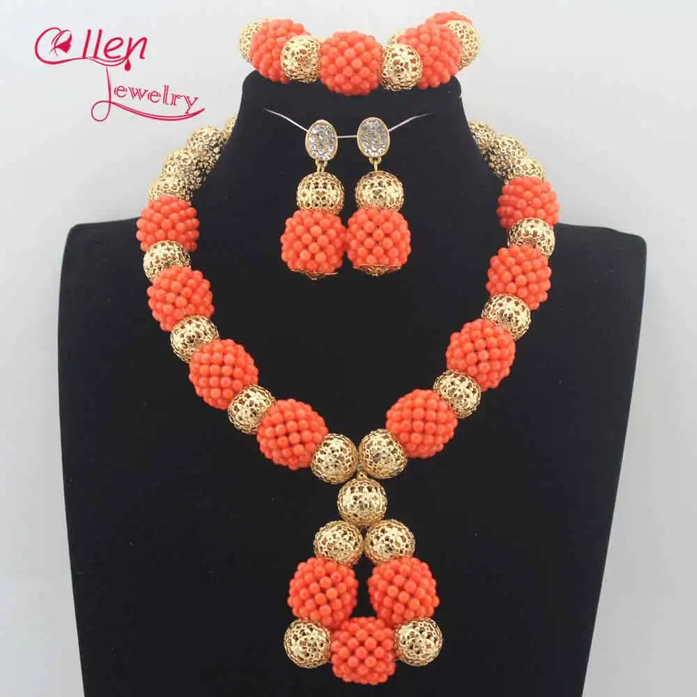 

Elegant Women African Coral Beads Necklace Jewelry Set Chunky Orange Coral Pendant Necklace Earrings Set Beads for Wedding E0092