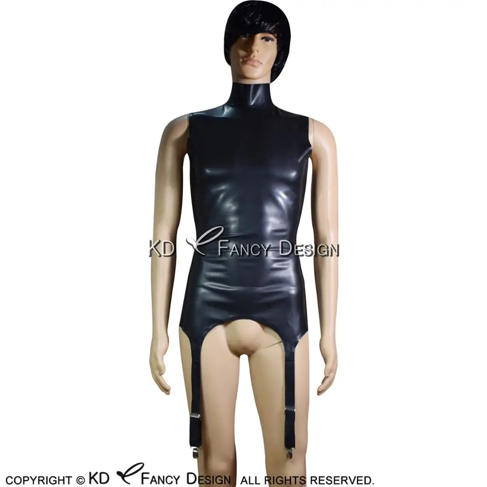 

Black Sexy Sleeveless Latex Top Shirt With Garters For Stockings High Collar Back Zippers Rubber Undershirts Clothes YF-0137