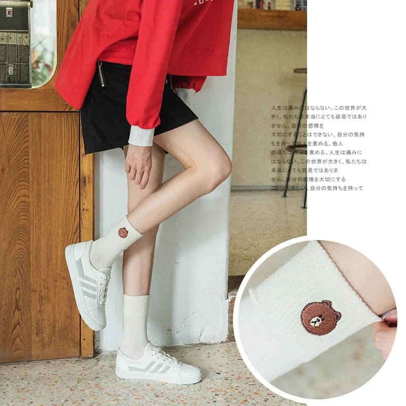 YSMILE Y 6Pairs /Lot Autumn Winter Embroidery Bear Women Socks Solid Cartoon Cotton Female Daily Casual All Match Socks For Lady