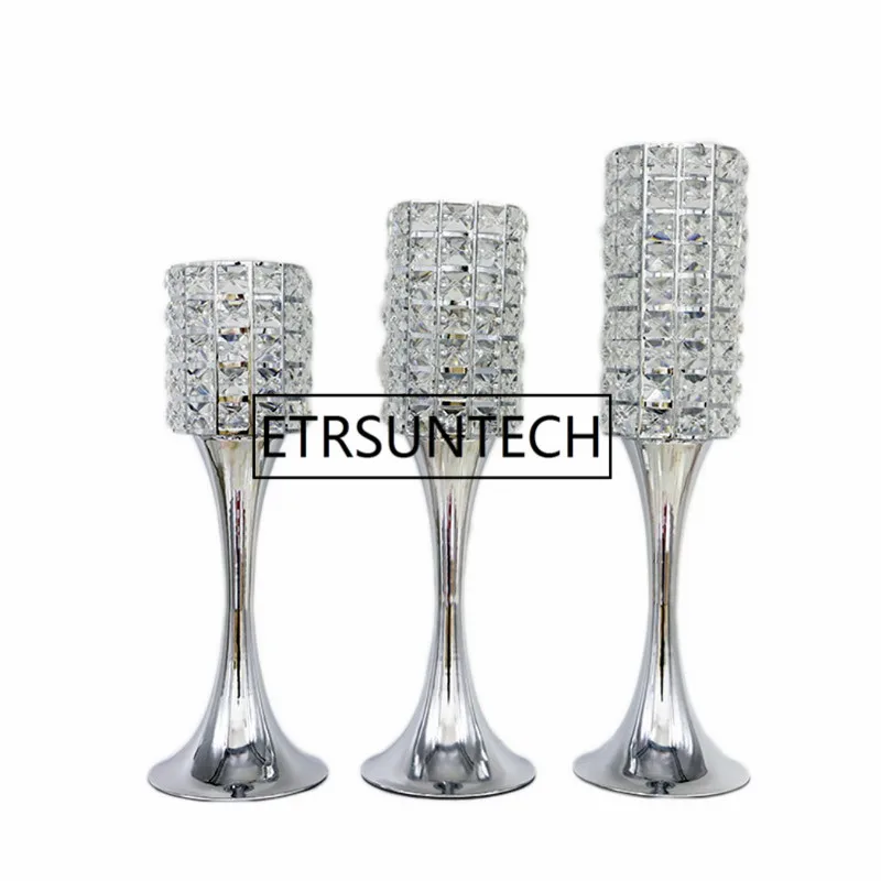 10pcs/lot Gold Silver Crystal Candle Holders Metal Candlestick Wedding Centerpieces Party Table Candelabra Home Hotel Decoration