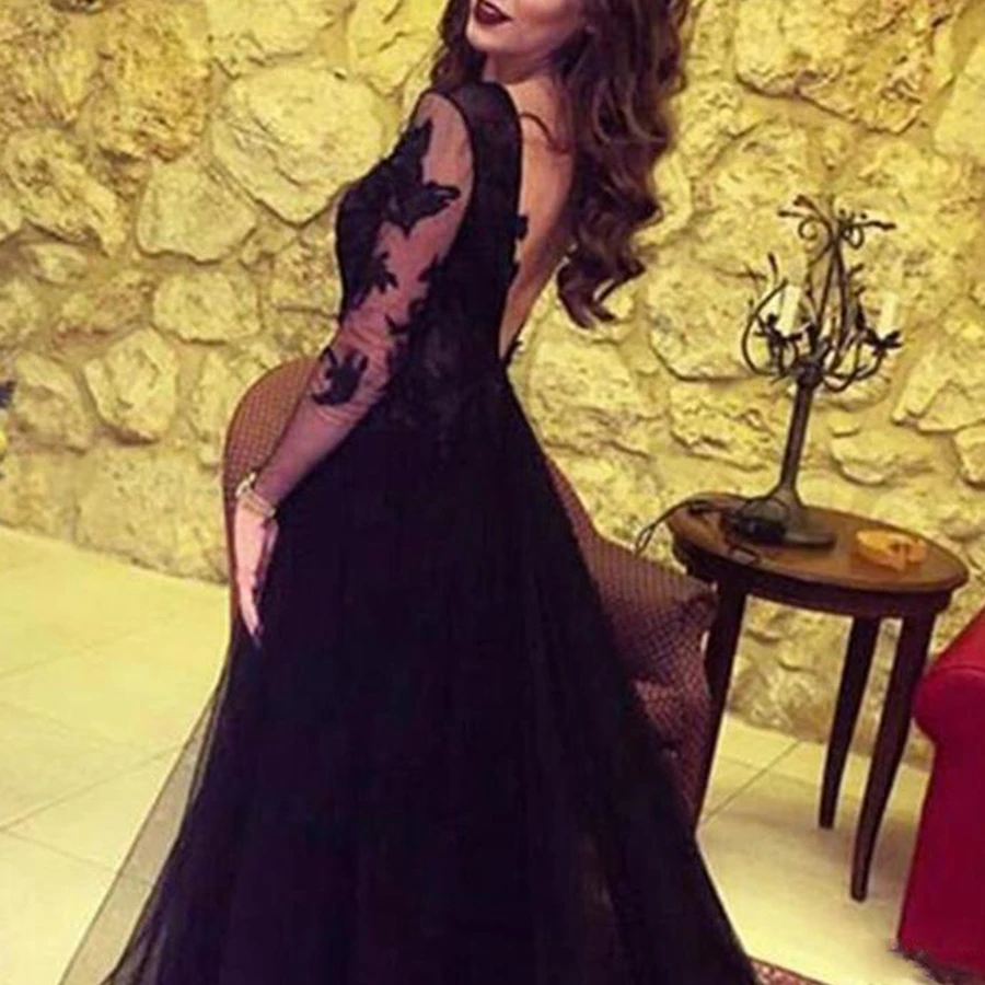 Nieuwe Glamorous Lange Mouwen Zwart Slit Lace Avondjurk Sexy Prom Dresses Floor Lengte Formele Party Avondjurken