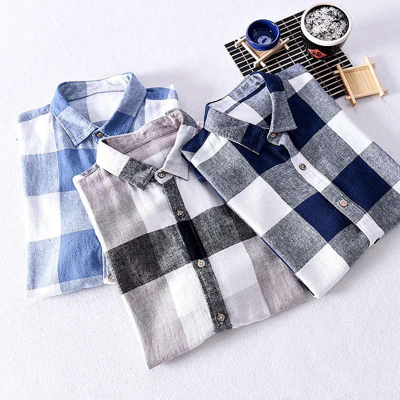 New Design Short-sleeved Linen Plaid Shirt Men Brand Italy Fashion Shirts For Men Casual Clothes Chemise Camisas De Hombre