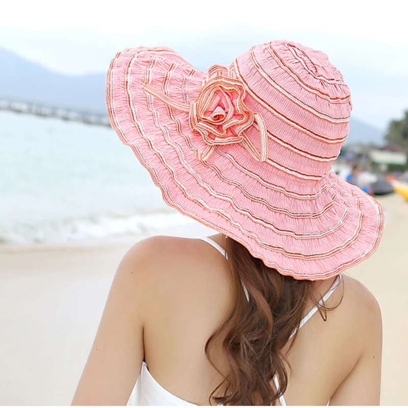 HT1676 2018 New Fashion Women Hat Korea Style Flower Packable Large Wide Brim Hat Anti-UV Adjustable Ladies Floppy Beach Sun Hat