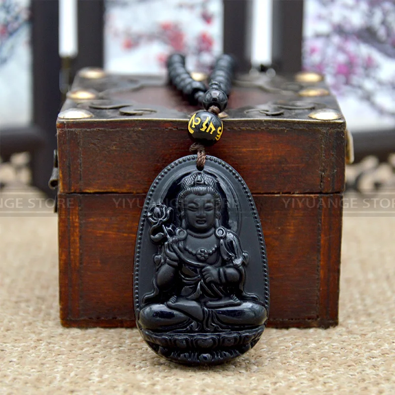 

China High Quality Natural Black Obsidian Carved Buddha Lucky Amulet Pendant Necklace For Women Men pendants Jade Jewelry