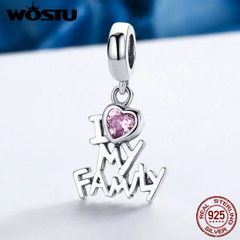 WOSTU Real 925 Sterling Silver I Love My Family Beads Dangle Fit Original Charm Bracelet Pendant Heart Jewelry Gift CQC251