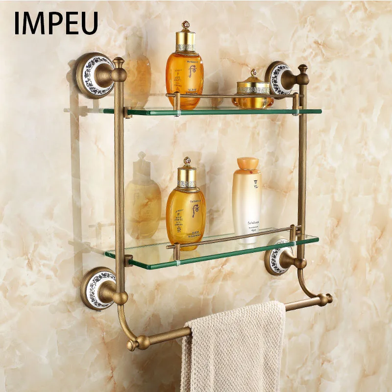 Bathroom Glass Shelf 2 Tier, Coming with Towel Bar, Shower Caddy Bath Basket, Wall Mount, Antique Brass, Bronze finish