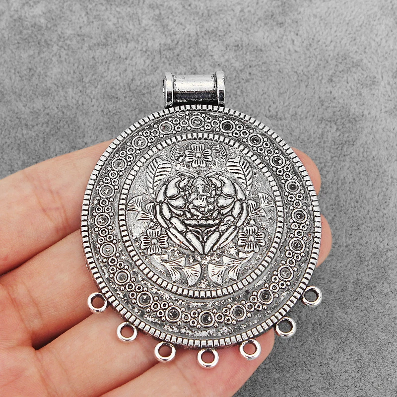 3PCS  Round Flower Ganesha Connector Charm Pendant for Necklace Jewelry Findings Making 58x55mm