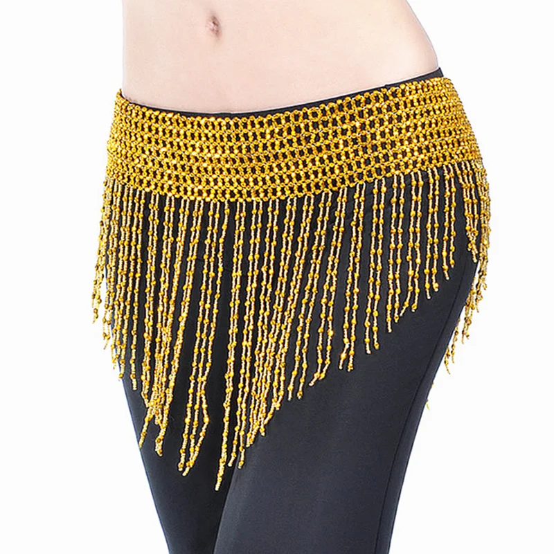 Women Belly Dance Clothes Costume Accessories Tassel Hip Scarf Stretchy Wrapp with Gold/silver Beads Fringes Belt