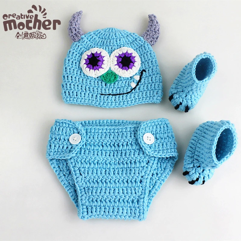 

Cotton Newborn Photography Props Fotografia Crochet Infant Baby Hat Pant Shoes Monster Baby Boy Girls Clothing Set Keepsake