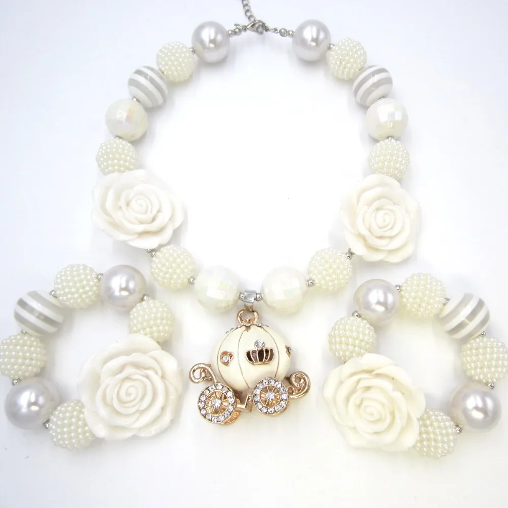 Baby Birthday Gift Girls Lovely white Flower Chunky Beads Bubblegum Necklace Bracelet Set Kids Pumpkin Carriage Pendant Necklace