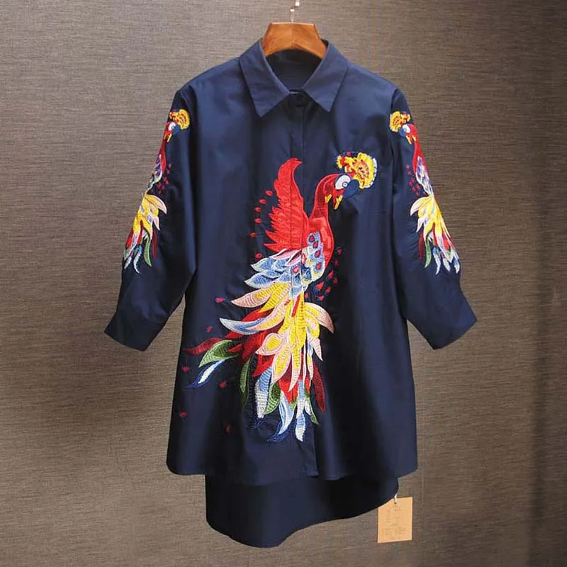 2024 Women New Spring Peacock Embroidery Fashion Shirt Female Vintage National Loose Casual Plus Size Long Shirt Blouse M- 3XL