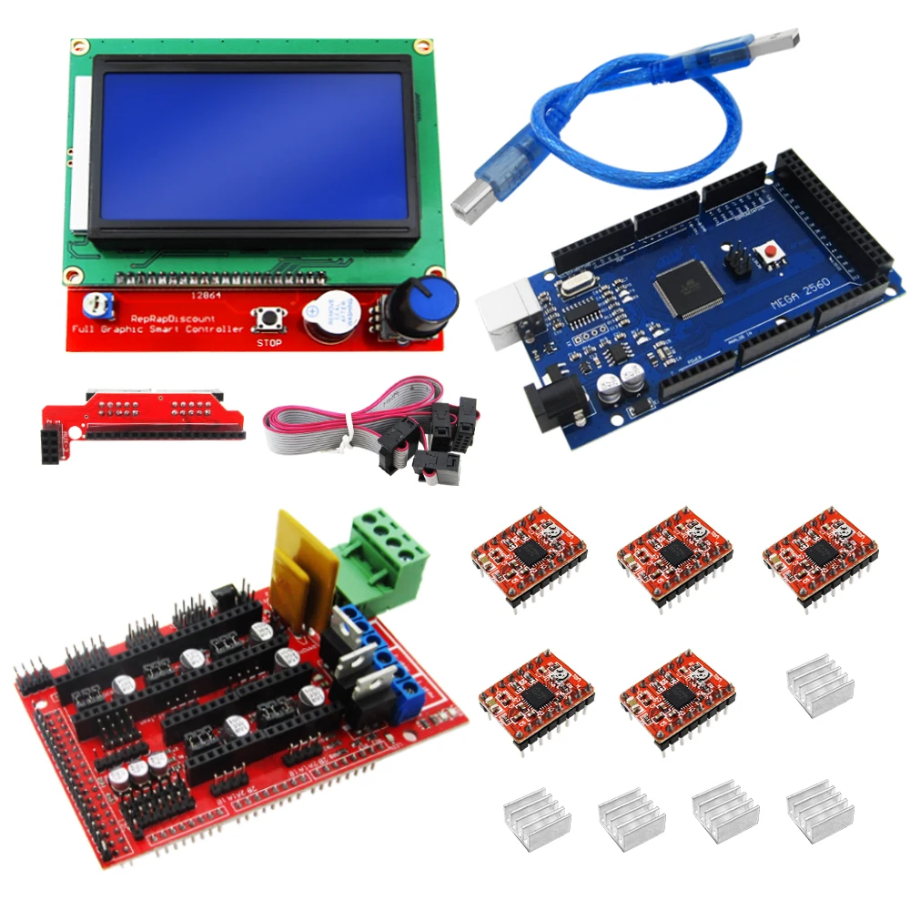 

1pcs Mega 2560 R3 + 1pcs RAMPS 1.4 Controller + 5pcs A4988 Stepper Driver Module +1pcs 12864 controller for 3D Printer kit