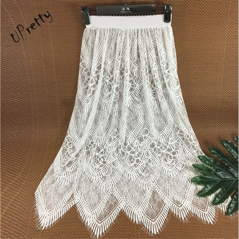 Women Sexy See Through Lace Skirt Spring Summer Vintage Casual High Waist Elastic Floral Hollow Out A-Line Transparent Skirt 127