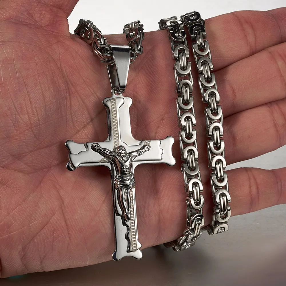 Jesus Cross Silver Color Necklaces Men Women Pendant Stainless Steel With 6MM Byzantine Chain  Christian Crucifix Jewelry