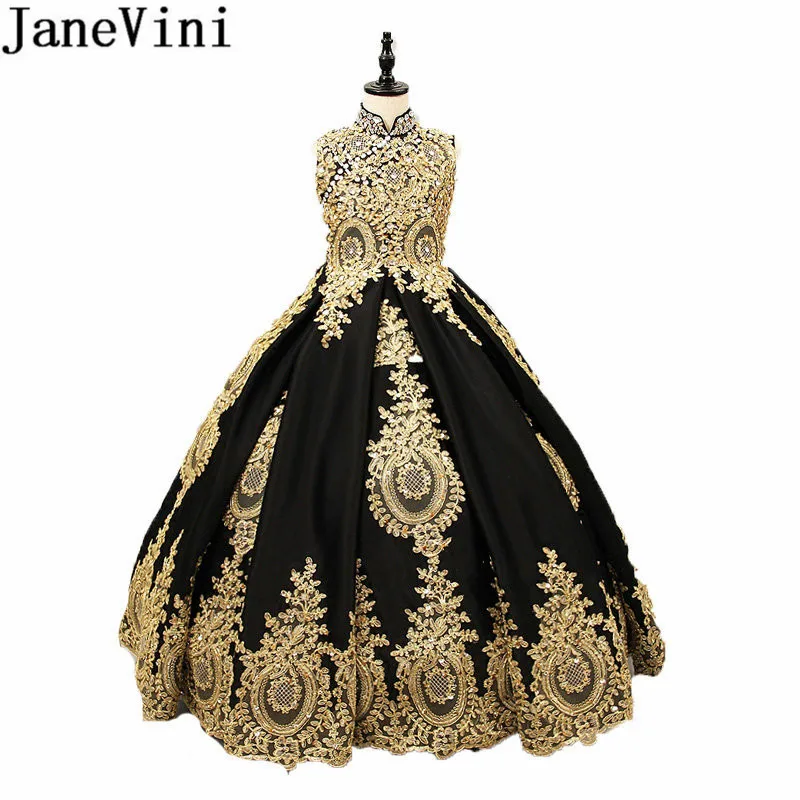 JaneVini Hoge Hals Zwart Crystal Bloem Meisje Jurken Gold Kant Applicaties Baljurk Pageant Jurken Robe De Mariage Enfant Fille