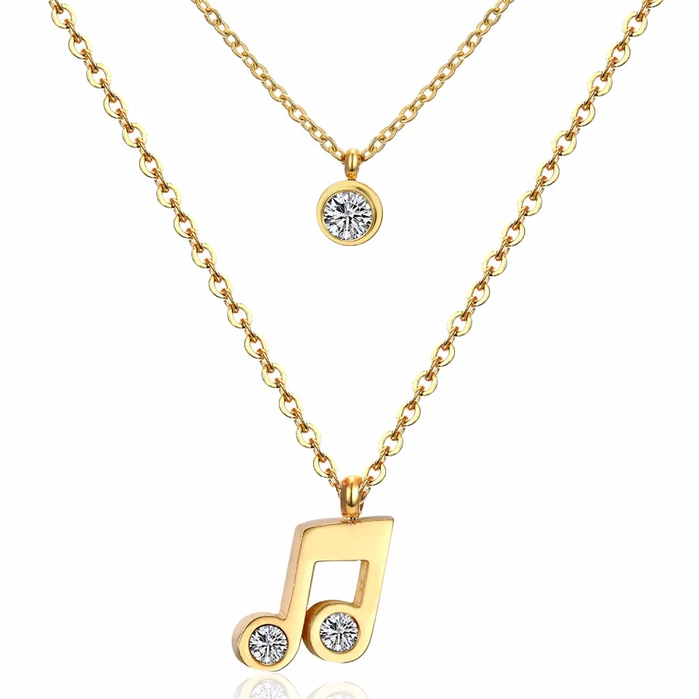 LUXUSTEEL Fashion Moon/Music Note/Fairy Shape Double Chain Necklace Steel Golden Color Charm Crystal Pendant Necklace Female