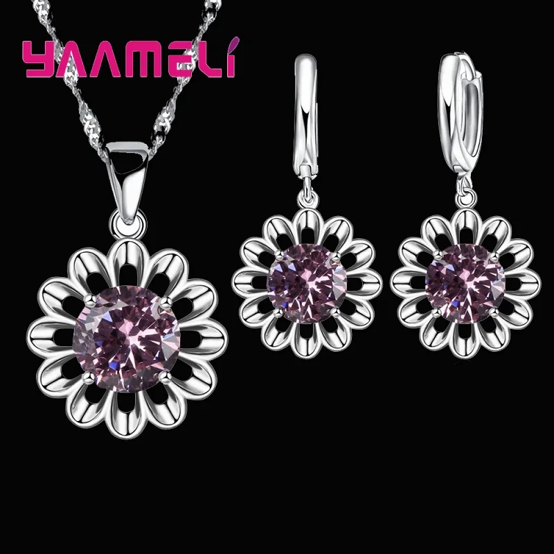 Neue Mode Hochzeit Schmuck Set Frauen Top Qualität 925 Sterling Silber Farbe Kristall Anhänger Halskette Hoop Ohrring Große Förderung