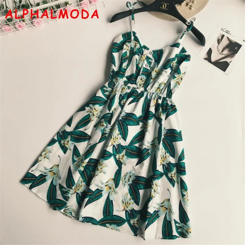 ALPHALMODA-Boho Print Strap Dress for Women, Bohemian Pineapple impresso, linha A, curto, vocação, praia, verão, 2018