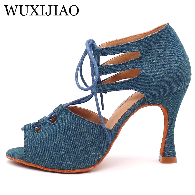 WUXIJIAO New Girl Dance Shoes Denim fabric  Lace-up shoes Latin Dance Shoes Women Samba Party Ballroom Soft Bottom Shoes 5-10cm