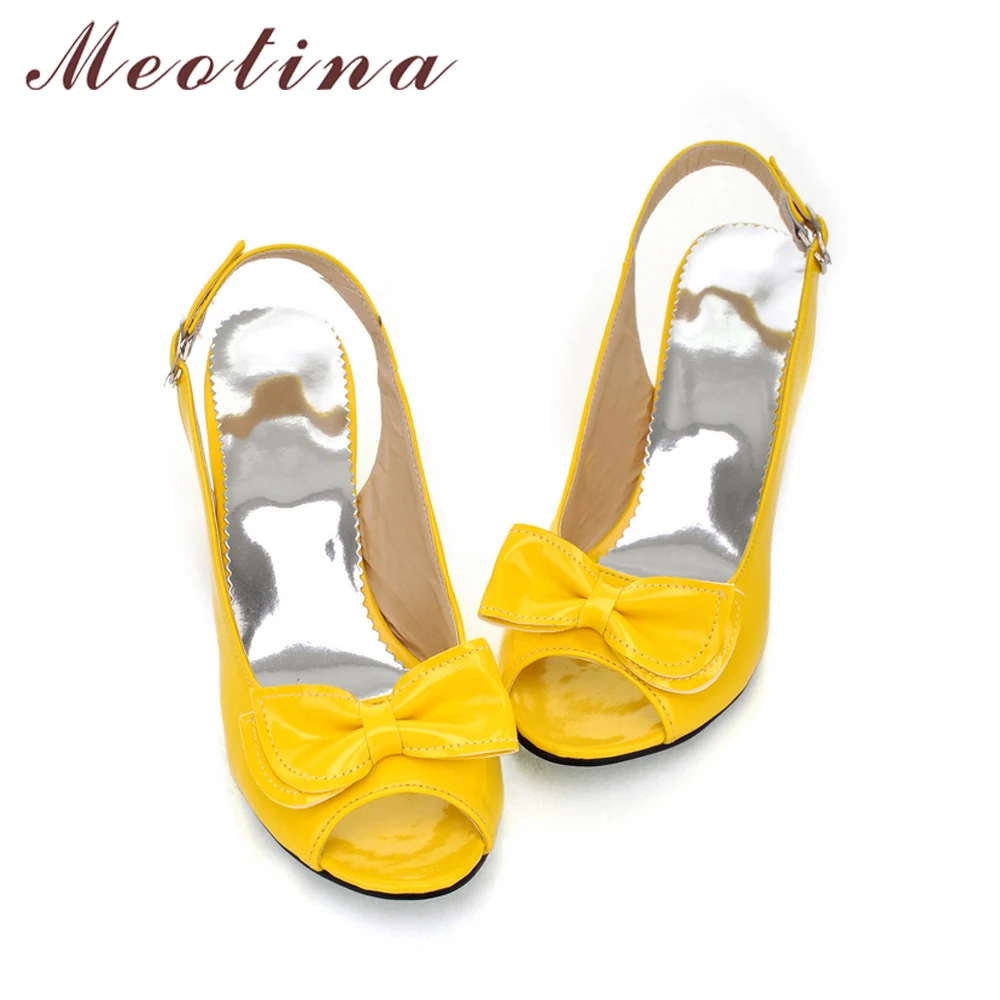 Meotina Women Sandals Summer Shoes Woman Sandals Peep Toe High Heels Shoes Bow Ladies Heel Sandals Yellow Large Size 11 12 45 46