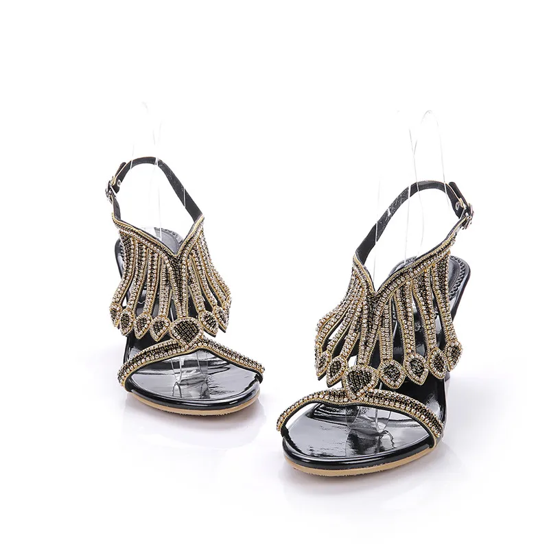 2019 Summer Personality Tassel Pattern Rhinestone Sandals Black High Heel Women's Shoes Evening Sandals Rough Heel