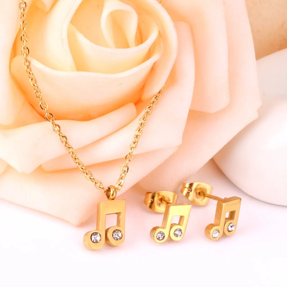 LUXUKISSKIDS Fashion Jewelry Sets Musical Note with Rhinestone Stainless Steel Golden Necklaces and Earrings Dubai/Indian Bijoux