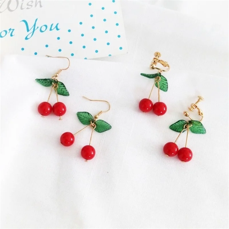 2019 Japanese and Korean Sweet Fashion Youth Girl Student Fruit Cherry Earrings Fresh and Simple Cute Women Earrings Ear Clips