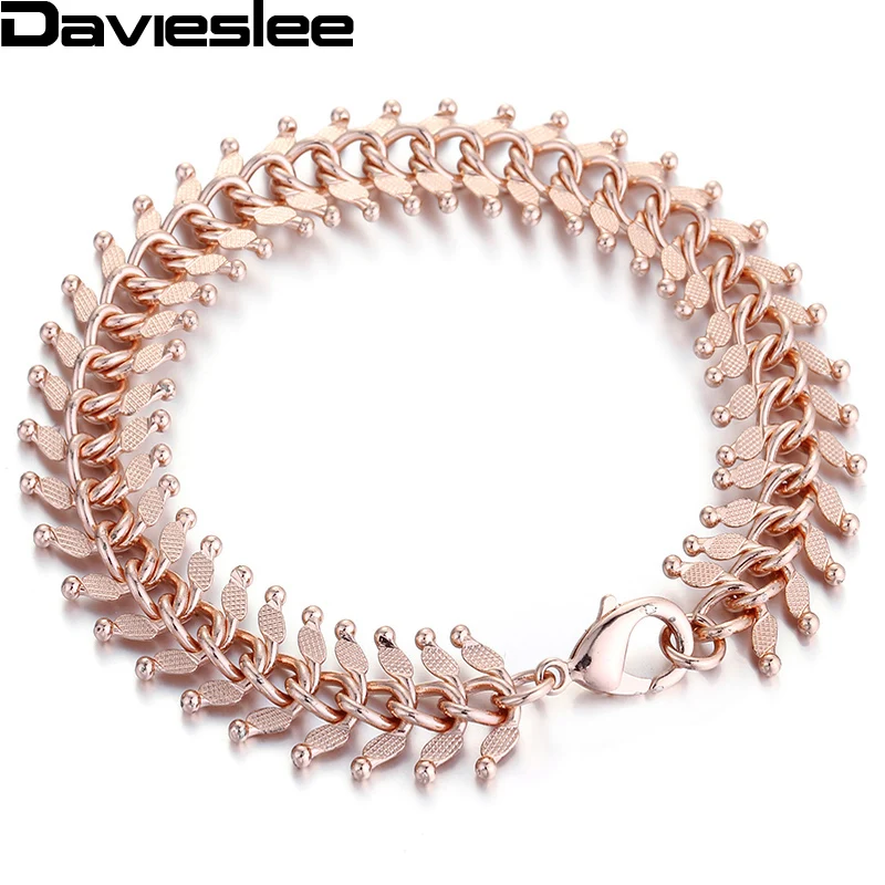 Davieslee Yellow Rose Gold Color Womens Bracelet Chain Hammered Link  7-11inch Wholesale Jewelry 14mm LGB214