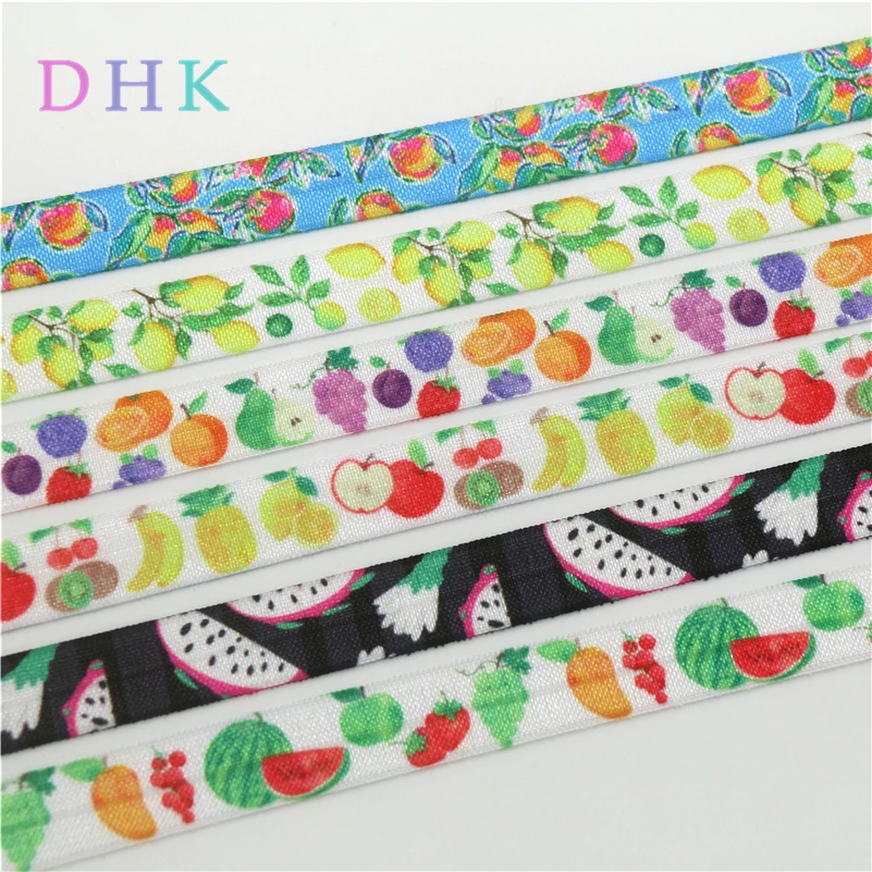 DHK 5/8'' 5yards fruits lemon printed Fold Elastic FOE stretch ribbon hairbow headwear headband DIY OEM C1666