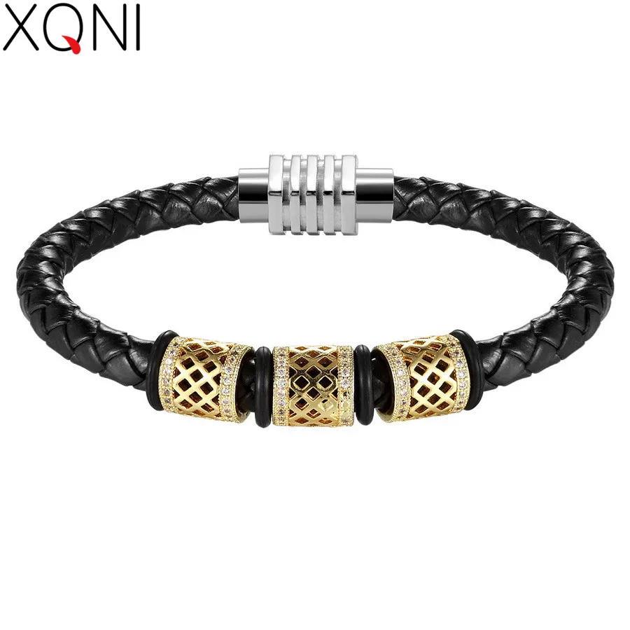 XQNI Stainless Steel Hollow Pattern Inlaid Cubic Zircon 4 Sizes 4 Colors Genuine Leather Bracelet For Men Birthday Party Gift