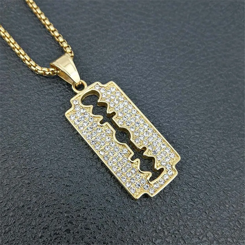 Hip Hop Blade Pendant Necklaces For Men Gold Color Stainless Steel Razor Necklaces Male Iced Out  Bling Rhinestones Jewelry