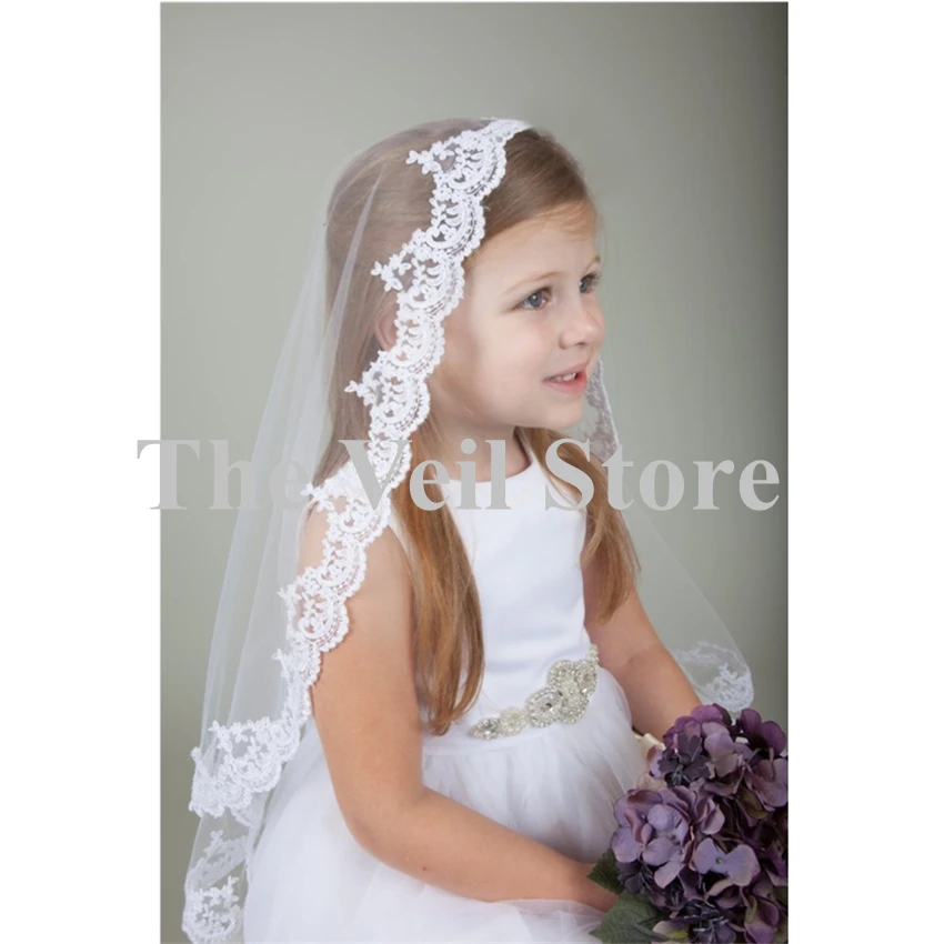 ดอกไม้งานแต่งงานสาว First communion Veils Appliques Edge เด็ก Tulle Veils หวี Voile Mariage ผู้หญิง velo de Novia