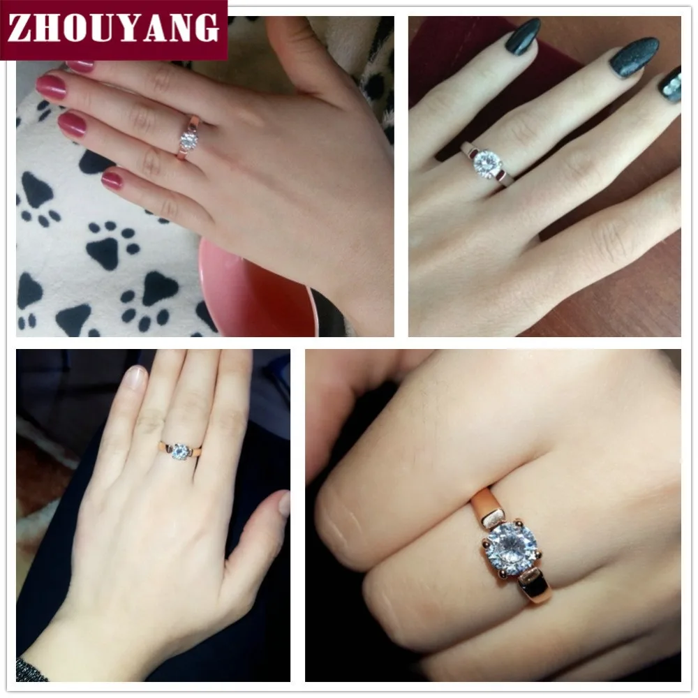 ZHOUYANG Wedding Ring For Women 4 Prongs Classic 7mm Cubic Zirconia Rose Gold Color & Silver Color Fashion Jewelry ZYR054 ZYR053