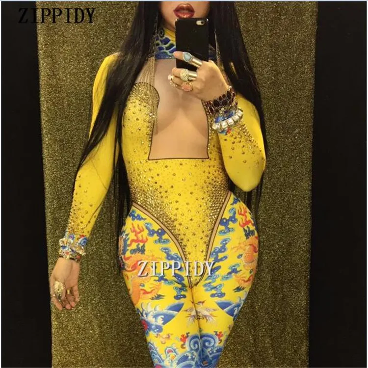 Seksi Kuning Naga Dicetak Berkilau Batu Berlian Imitasi Jumpsuit Wanita Penyanyi Tahap Memakai One-Piece Stretch Kostum Pakaian