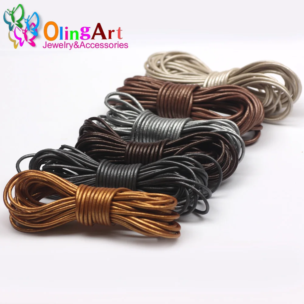 OlingArt Leather Cords 2mm 5M Craft Round Pearl Genuine Rope/Wire/String DIY Bracelet Choker Necklace Jewelry Making