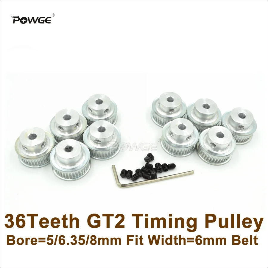 

POWGE 10pcs 36 Teeth 2GT Synchronous Pulley Bore 5/6.35/8mm Fit Width 6mm 2GT Timing Belt 36T 36Teeth GT2 Pulley For 3D Printer