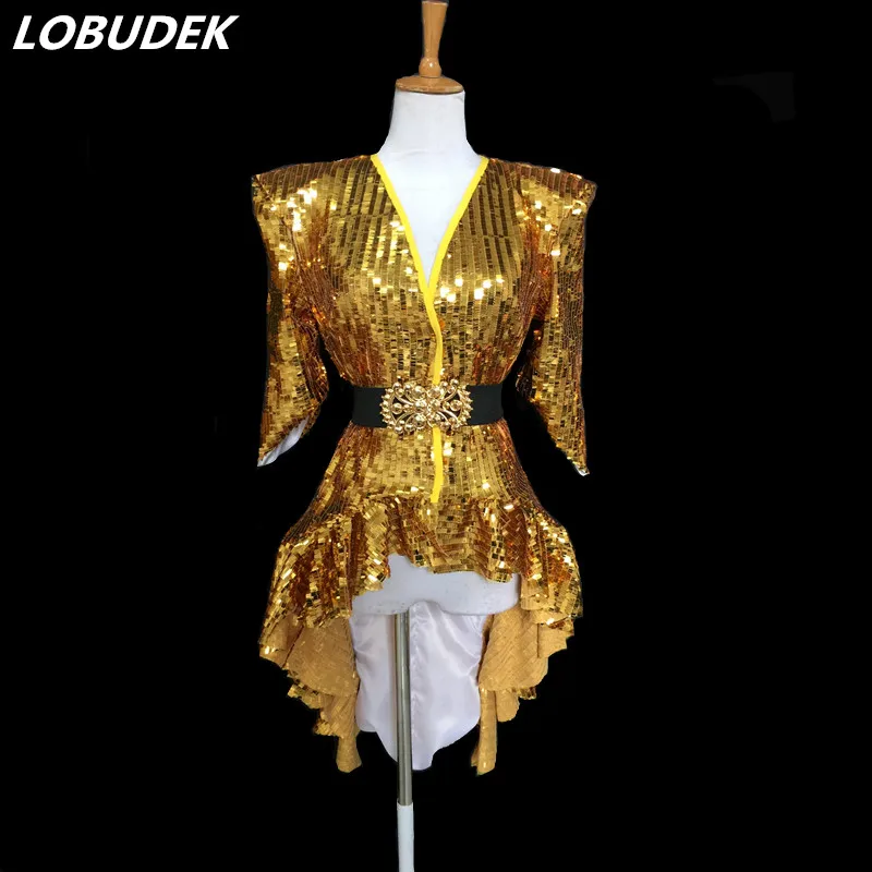 Nightclub Bar DJ Dancer Singer Sexy Stage Costume Gold Silver Sequin Tailcoat Jazz Dance Team swallow-tailed Performance Clothes