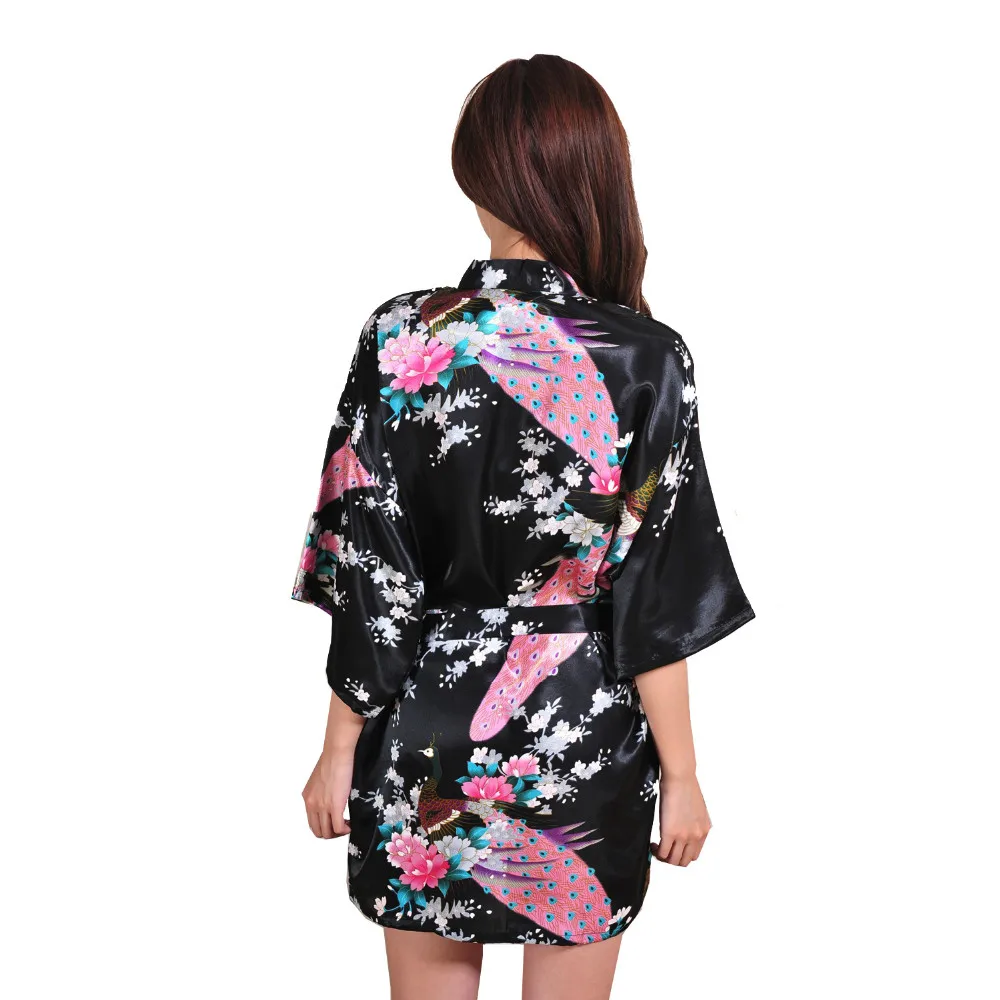 New Black Summer Short Style Women Floral Printed Silk Robes Wedding Bridesmaid Robes Novelty Clothes Women Nightgown 14 Colors