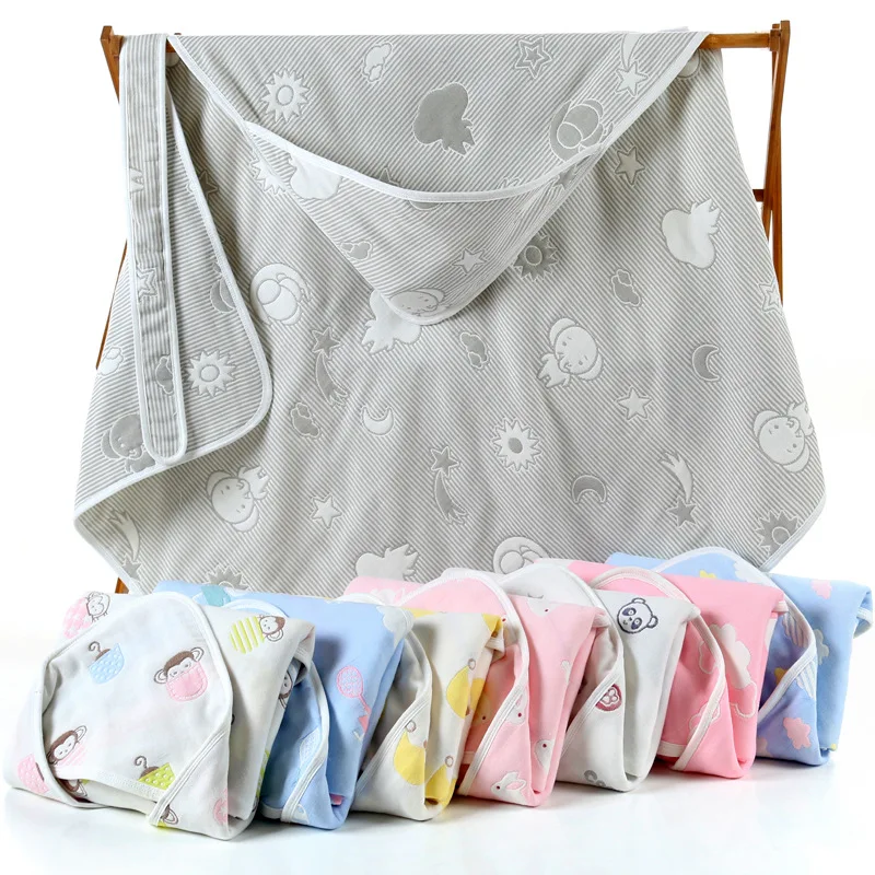 

90*90cm Manufacturer pure cotton six - layer gauze children holding cartoon - covered blanket baby bath towel with hat towel