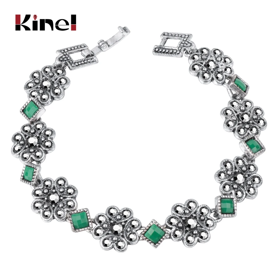 Kinel From India Fashion Bracelet For Women Gift Silver Color Green Resin Bracelet Lucky Flower Vintage Jewelry 2019 New