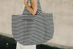 Thick Large Canvas Fashion Durable Women Black And White Stripes Shoulder Bag Shopping Tote Flax Cotton Shopping Bags Maximal