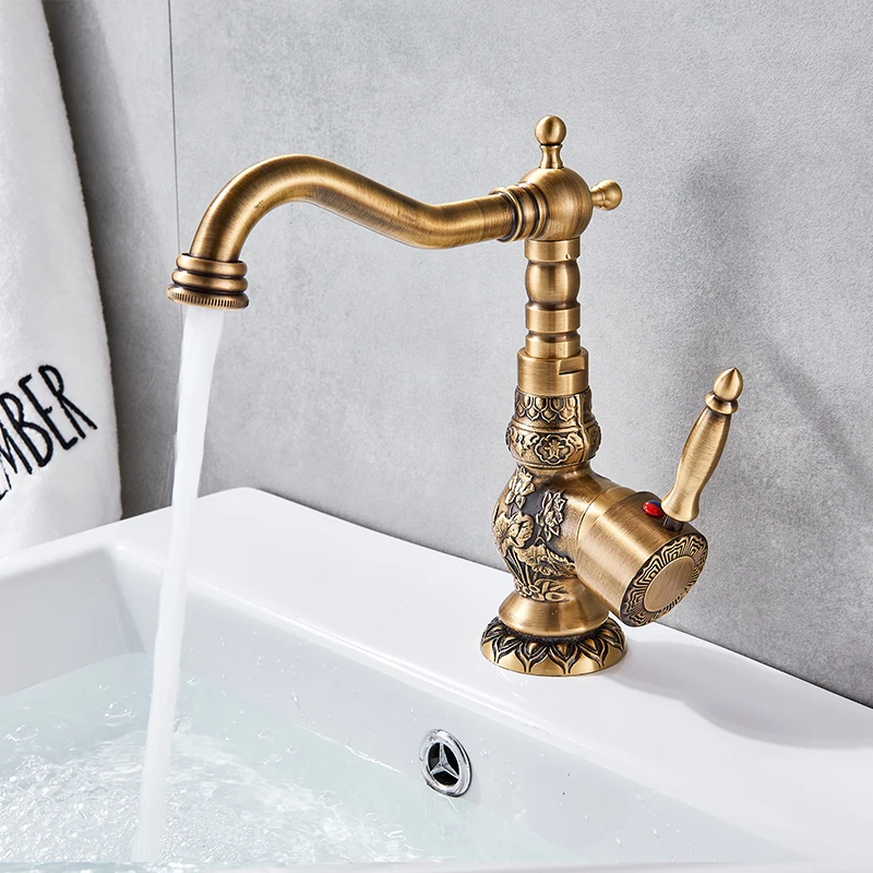 Antique Brass Bathroom Basin Carved Faucet Long Nose Spout Wash Sink Tap 360 Rotation Single Handle Mixer Tap torneiras