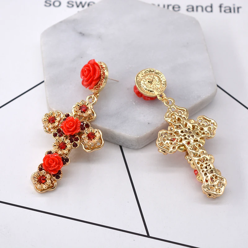 Fashion Exaggerated Classic Vintage Baroque Red Flowers Cross Drop Earrings Long Vintage for Women Jewelry Accessories