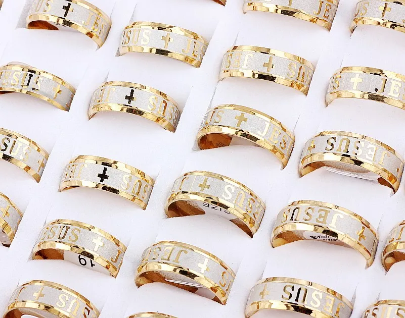 Wholesale Bulk Lots 6Pcs  8MM Golden I Love Jesus Cross Stainless Steel Ring Band Wedding Engagement Xmas Gift